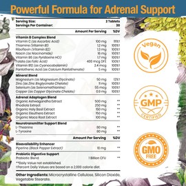 Adrenal Support Adaptogens Herbs Supplements - Cortisol Supplement with Rhodiola Rosea, Ashwagandha, Holy Basil and Eleuthero-Mood and Energy Support for Women & Men-Non-GMO, 60 Vegan Tablets