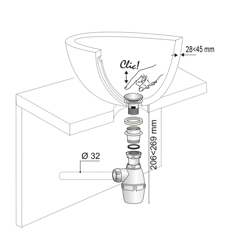 Wirquin Quick-Clac SP50099 Drain Fitting/with Siphon/with Stopper/Chrome