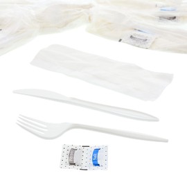 AmerCareRoyal 5-in-1 Disposable Silverware Medium Weight Plastic Utensil Set with Fork, Knife, Salt & Pepper Packets, 12x13 inch Napkin - Individually Wrapped Cutlery Meal Kit, White, Case of 250