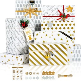 Christmas Wrapping Paper, 6 Sheets White Gold and Silver Christmas Wrapping Paper for Women Female Girls, Metallic Foil Gift Wrapping Paper for Christmas New Year Winter Birthday Holiday, 50 x70cm