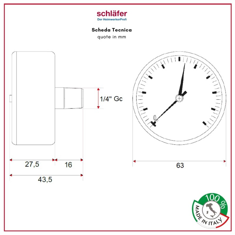 Schläfer 0930160 Hydraulic Pressure Gauge Rear 1/4 Inch Axial Connection