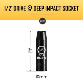 BOEN 1/2" Drive Deep Impact Socket,10mm Premium Socket,Metric,6 Point,Cr-V Steel with Laser Marking - Strong and Durable