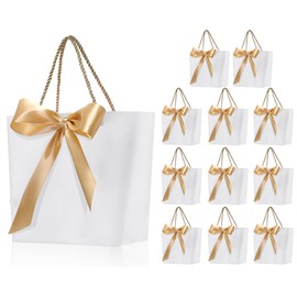 12 Pieces Bridal Gift Paper Bags Thank You Bags with Handle for Bridesmaids, Bow Ribbon Bridal Shower Bags for Guests, with Gift Tags for Anniversary Wedding Party Holiday Presents Wrapping (White)