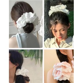 2 PCS White Large Lace Scrunchies for Women Oversized Scrunchy Hair Ties Satin Hair Scrunchies Ponytail Hair Holder Elastics Ties Accessories for Women Girl Thick Curly (White and Pink)