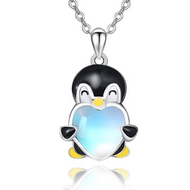 Dreamboat Penguin Necklace for Women Girls 925 Sterling Silver Moonstone Penguins Pendant Necklaces Cartoon Animal Jewelry Gifts for Penguin Lovers