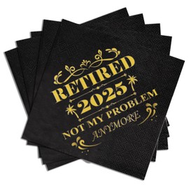 Retired 2025 Cocktail Napkins, 50 Pack 3-Ply Retirement Party Decorations Supplies, Black & Gold Disposable Napkins for Farewell,Coworker Goodbye & Going Away Celebration (5"x5")