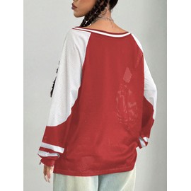 BEAUDRM Women's Y2k Mesh Jersey Shirts Sheer Number Graphic Tees Oversized Long Sleeve Tee Top Streetwear Red Large