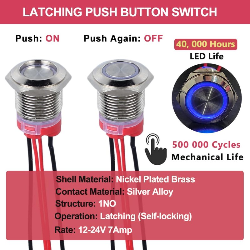 DMWD 2Pcs 16mm Metal Latching Push Button Switch Waterproof 7Amp