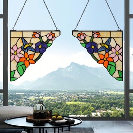 YOURANJU Stained Glass Window Hanging 2 Pieces 10” Triangle Tiffany Animal Style Windows Suncatcher Hummingbird Glass Window Panel Perfect Window Hangings Housewarming Gift (with Chain Hook)