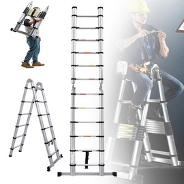 12.5FT A-Frame Telescopic Ladder Aluminum Extension Ladder Portable Collapsible Ladder with Stabilizer, 6+6 Steps RV Collapsible Ladder, Multi-Purpose A-Frame Extendable Ladder, 330lbs Load Capacity