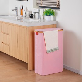 efluky Slim Laundry Basket with Lid, Narrow Laundry Hamper with Removable Bag, Skinny Dirty Clothes Basket with Bamboo Handles for Bathroom, Bedroom & Laundry Room, 75L Pink