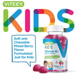 Viteey Vitamin D3 Kids Gummies 25mcg 1000 IU - Bone Health, Immune Health, Joint Muscle Support - Vegetarian, Gelatin Free, Gluten Free, GMO Free - Tasty Chewable Berry Flavored