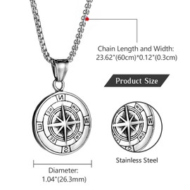OIDEA Men's Compass Necklace Vintage: Coin Silver Compass Pendant with Venetian Chain Stainless Steel Jewellery Gift for Men Boyfriend Birthday Anniversary, Stainless Steel