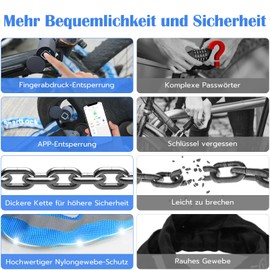 Anweller Bicycle Lock Fingerprint, High Security Anti-Theft Bicycle Chain Lock with App, Hardened Steel Chain Links, Waterproof, 6 mm x 100 cm