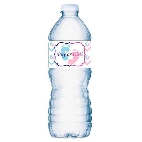 25 Gender Reveal Footprints Baby Shower Party Water Bottle Labels;
