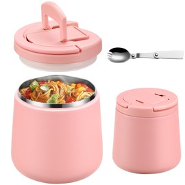 20oz Insulated Vacuum Food Jar with Buckle Lid,Soup Thermo for Hot Food Kids,Wide Mouth Leakproof Stainless Steel Lunch Container with Spoon-Pink