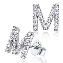 Silvora 925 Sterling Silver Letter Stud Earrings, Name Initial Earrings A-Z for Silver Name Earrings, Women, Children and Girls, Silver Letter Earrings, Silver with zirconia, m