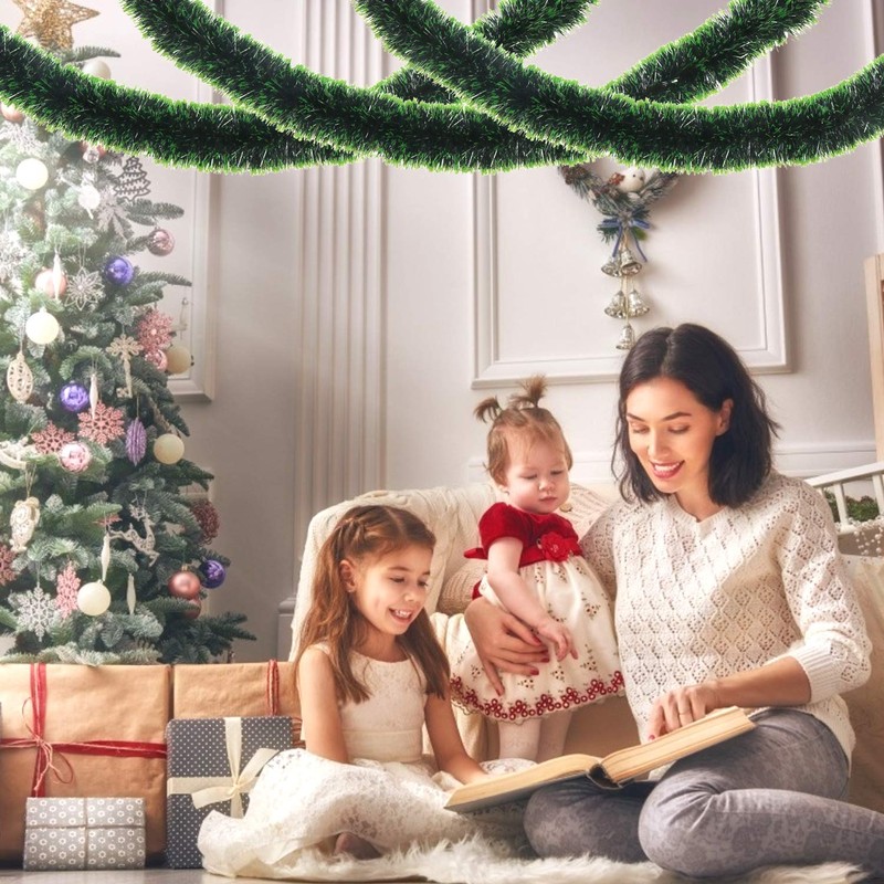 VEYLIN 10 Meter Green Christmas Tinsel Garland for Xmas Home