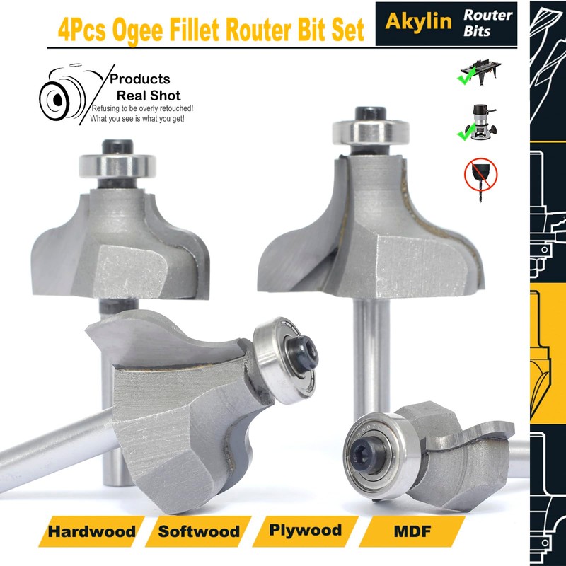 Akylin 4Pcs Ogee Fillet Router Bit Set,1/4" Shank,Bearing Guided Ogee