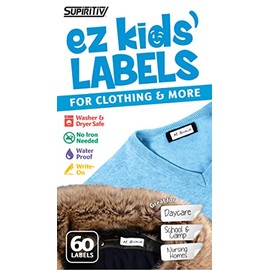 Ez Kids Clothing Labels Self-Stick No-Iron Write-On | Great for Children & Adults | Washer & Dryer Safe | School, Camp, Nursing Care, Toys, Organizing, All Purpose | 1 Sheet of 60 Blank Labels