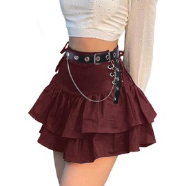 Sunidol Women's High Waist Pleated Skirts Harajuku Goth Punk Slim Side Lace Up Flared Ruffles Skirts with Belt Red XL