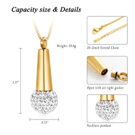 XSMZB Microphone Urn Necklace for Ashes Stainless Steel Crystal Keepsake Memorial Cremation Jewelry for Ashes Pendant Locket (Gold)