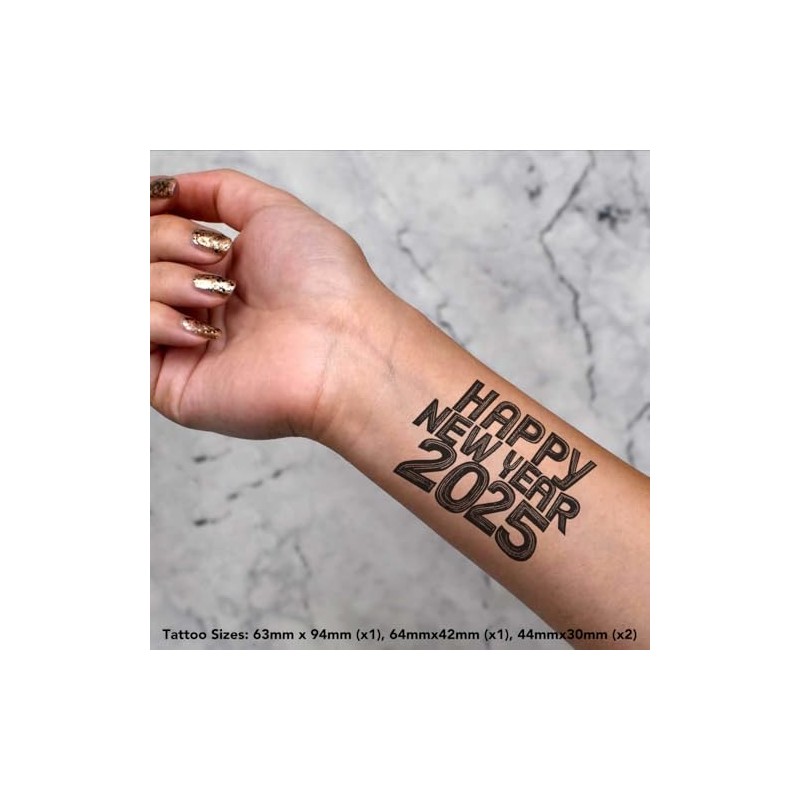 4 x 'Happy New Year 2025' Temporary Tattoos - Water