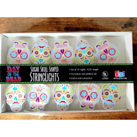 DEI Direct Day of the Dead Sugar Skull Shaped Stringlights Set of 10 Lights-8.5' Ft Length