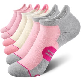 CS CELERSPORT 6 Pack Women's Ankle Running Socks Cushioned Low Cut Tab Athletic Socks, Pink Adventure, Medium