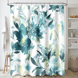 MAYZUS MAYZUS Teal Blue Shower Curtain 60x72, Watercolor Floral Shower Curtain for Bathroom, Modern Abstract Flower Decorative Fabric Shower Curtain Set with Hooks