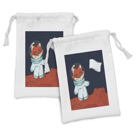 Ambesonne Explore Fabric Pouch Set of 2, Fox Cosmonaut Raising a Flag on an Alien Planet Outer Space Themed Illustration, Small Drawstring Bag for Toiletries Masks and Favors, 9" x 6", Multicolor