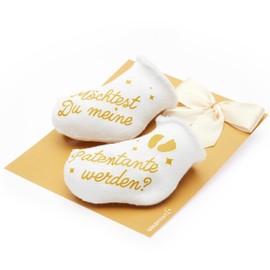 goldprintz I Want to Become My Godmother I Announce Pregnancy I Gold Printed Baby Sock with Postcard I We Get a Baby Announcement I Baby Announcement Pregnancy I Baby News