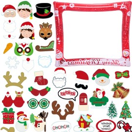 Christmas Photo Booth Props Inflatable,Large Red Christmas Photo Booth Frame with 32Pcs Christmas Photo Props,Christmas Party Photo Booth Props Frame for Kids Adults Christmas Party Games Accessories