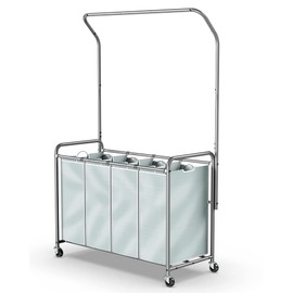 ROMOON Laundry Sorter with Hanging Bar, 4 Section Laundry Hamper with Heavy Duty Wheels, Laundry Basket Organizer with Hanging Clothing Rack, Grey