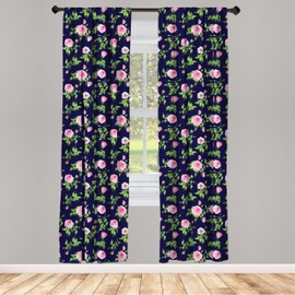 Ambesonne Navy and Blush Curtains, Vintage Roses and Buds Romantic Feminine Floral Pattern Old Fashioned, Window Treatments 2 Panel Set for Living Room Bedroom, Pair of - 28" x 63", Indigo Green