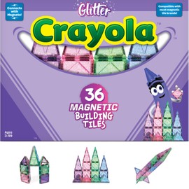 CreateOn Crayola Glitter Magnetic Tiles, Building Set for Kids, Magnetic Tiles, Magnetic Building Toys for Kids, STEM Toys for Boys and Girls Ages 3 and Up, 36-Piece Set (Glitter)