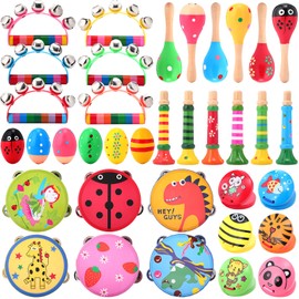 Halloscume 36 Pcs Shaker Musical Instruments for Kids Egg Shaker Wooden Trumpet Hand Held Tambourine Maracas Percussion Tambourine Drum Plastic Castanets for Preschool Early Music Learning Toy