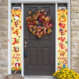 HOWAF Fall Porch Sign Door Banner, Fall for Jesus He Never Leaves Porch Sign for Autumn Fall Party Decorations Supplies, Pumpkin Maple Leaf Hanging Porch Banner