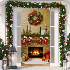 Blosssound Christmas Front Door Cover Decorations Xmas Tree Banner Merry Christmas Hanging Backdrop for Home Classroom Holiday Background, 71 x 53 Inch, Polyester, Multicolored