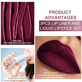 evpct- 3 piezas de tinte labial de color rojo oscuro, morado, ciruela, cereza negra, despegable, delineador de labios mate de 24 horas y lápiz labial