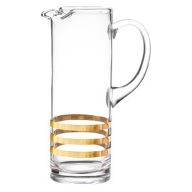Glass Pitcher with handle Straight Sided, Handmade, With Spout, Three Gold Horizontal Stripes- Ice Lip, 50 oz. 11" H, by Barski - Made in Europe