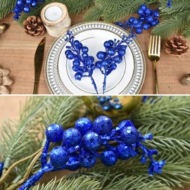 DearHouse 14 Pack Christmas Glitter Berries Stems, 7.8Inch Artificial Christmas Picks for Christmas Tree Ornaments, DIY Xmas Wreath, Crafts, Holiday and Home Decor (Dark Blue)