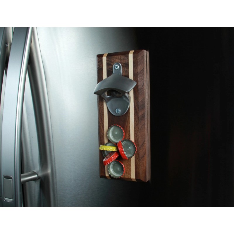 WoodEffex Bottle Opener Magnetic Cap Catcher - Handmade Walnut w/Brushed