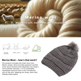 TOP-EX 100% Merino Wool Knit Slouchy Beanie Hats for Women with Faux Fur Pom Bobble - Satin Lined Warm Winter Wool Hats for Ladies Ski Outdoor Cold Weather Grey