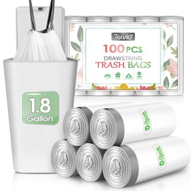 Teivio 1.8 Gallon 100pcs Strong Drawstring Trash Bags Garbage Bags, Bathroom Trash Can Bin Liners, Small Plastic Bags for Home Office Kitchen, White…