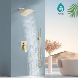 Aolemi Shower System with Rainfall Shower Head and Handheld Wall Mount,High Pressure Shower Faucet Set Fixture Combo with 2 in 1 Handheld Spray Rough-in Valve,8 Inch Shower Head Brushed Gold