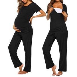 Ekouaer Women's Maternity Nursing Pajamas Set Breastfeeding Sleepwear Short Sleeve Pregnancy Top & Pants Pjs for Pregnant Black M