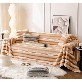 vctops Faux Rabbit Fur Sofa Covers for Sectional Sofa Luxury Gradient Color Couch Cover for Dogs Khaki Ombre Loveseat Covers Futon Cover L Shaped Cover Washable Couch Protector (Khaki,71"x59")