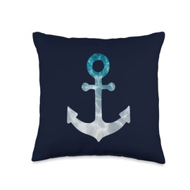 white teal ship boat anchor design on navy blue nauticals Ship Boat White Teal Anchor Design on Navy Blue Throw Pillow, 16x16, Multicolor