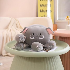 PEACH CAT Elephant Stuffed Animals 1 Mommy 15.7" Plushies with 4 Cute Babies Inside, 5 Pieces Plush Toys Set Gifts for Kids Grey